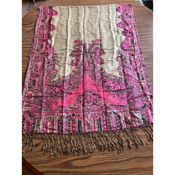 Pashmina pink tan black paisley blanket scarf with fringe 26”x78” - Picture 4 of 6